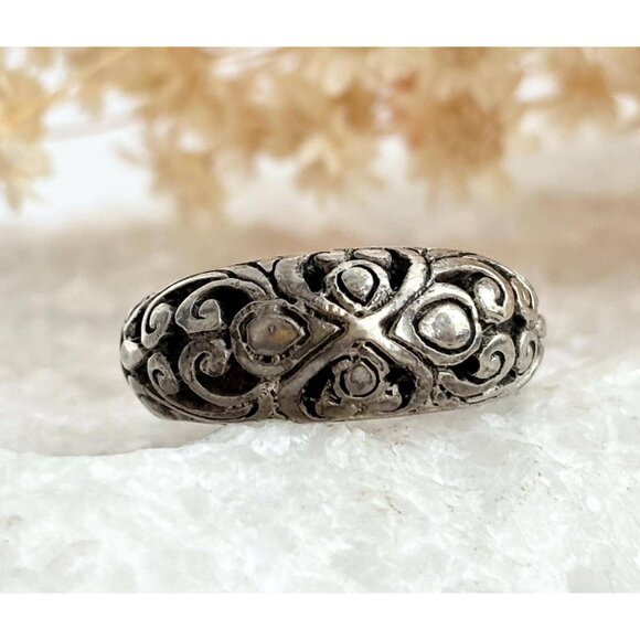 4 Leaf Clover Domed Hand Carved Victorian Sterling Silver 925 Vintage Ring sz 7 - Picture 1 of 9